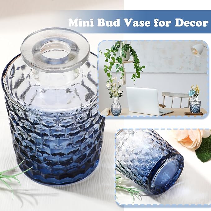 Inbagi 20 Pcs Glass Bud Vase Set - Small Flower Vases Bulk, Vintage Embossed Decorative Bottles for Wedding Valentine Home Table Centerpieces Decor, Gradient Blue