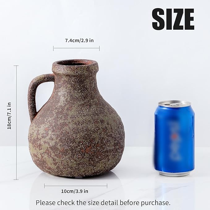 Ceramic Flower Rustic Vase, 7 inch Farmhouse Rusty Vases for Home Decor Handcrafted Pottery Vase Small Terracotta Vases for Dining Table Decor Fireplace Living Room Bathroom Wedding Centerpiece
