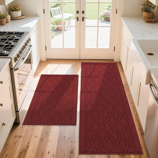 COSY HOMEER 60x24Inch/35X24Inch Kitchen Rugs Sets Non-Slip Washable Kitchen Mats for Floor Polypropylene Absorbent Kitchen Runner for Kitchen Sink Hallway Entryway(Red)