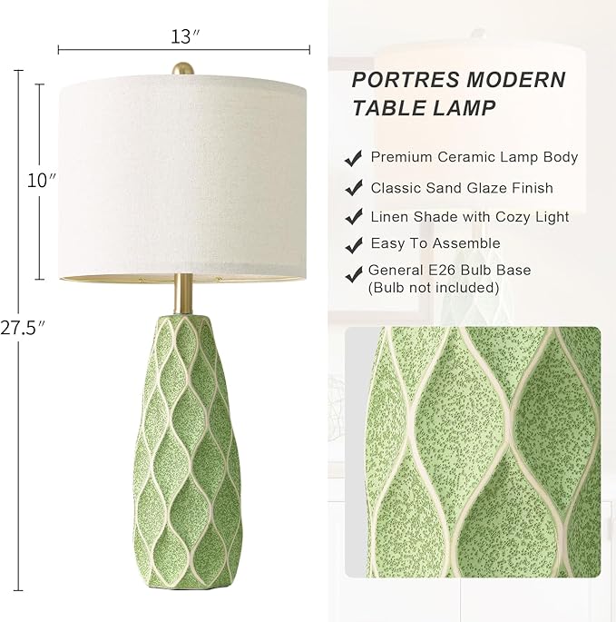 27.5" Ceramic Table Lamps for Living Room Bedroom Lamps Set of 2 Modern Boho Bedside Lamps Night Stands Farmhouse Vintage Large Nightstand Lamp Reading Light Home Office Dorm Desk Deco Gifts, Green