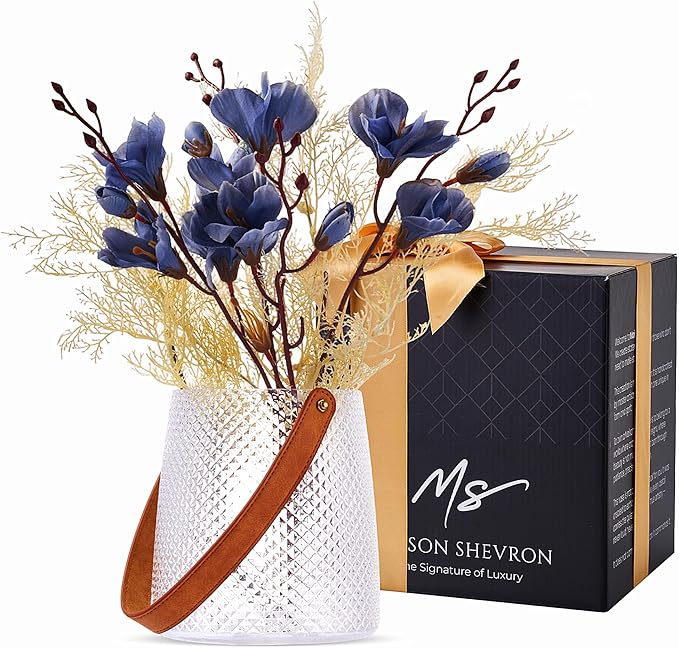 Nordic Handcrafted Glass Flower Vase with Vegan Leather Handle – Diamond Pattern Design – Modern Decorative Centerpiece – Elegant Gift for Weddings, Housewarming, Anniversaries – Stylish Home Décor