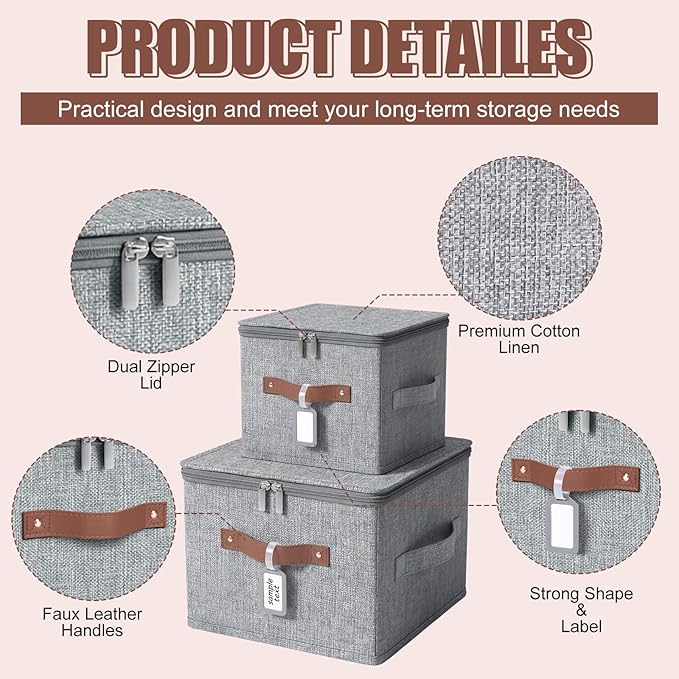 6 Pack Fabric Storage Bins with Lids and Label, 10×8×7Inch Foldable Cotton Linen Cute Storage Boxes with PU Leather Handles for Closet, Bedroom, Shelf, Nursery, Gray