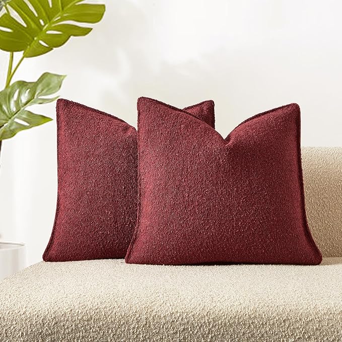 JUSPURBET 18x18 Throw Pillow Covers Set of 2 Decorative Pillow Covers for Couch Sofa Bed Cozy Boucle Textured Cushion Covers Cases with Invisible Zipper for Living Room Home Decor,Burgundy