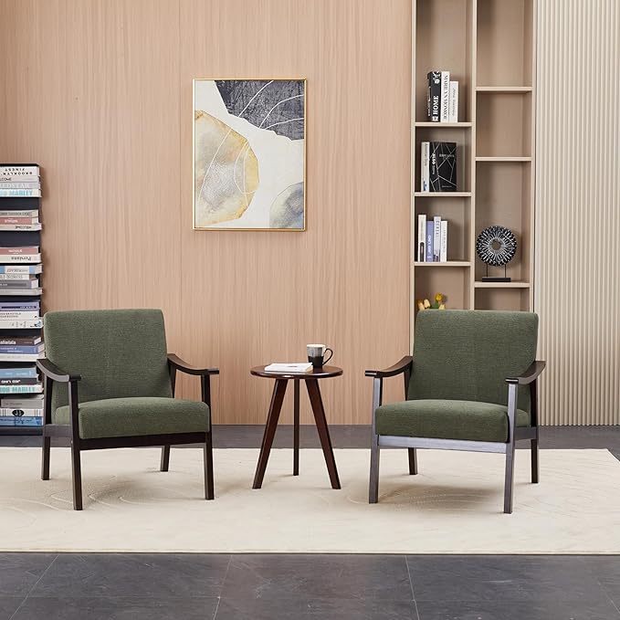 Hjaustevy Corduroy Accent Chair, Mid Century Modern Armchair, Living Room Chairs with High Back Upholstered, Lounge Chair with Solid Wood Frame & Soft Cushion for Bedroom, Reading Room, Olive Green