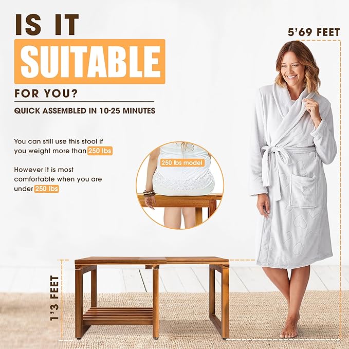 Adjustable Length 29 Inches Shower Stool Bench Chair Waterproof with Storage Shelf for Shaving Legs, Spa, Bath Seat in Bathroom, Inside Shower for Adults Seniors Elderly (Small 29 in)