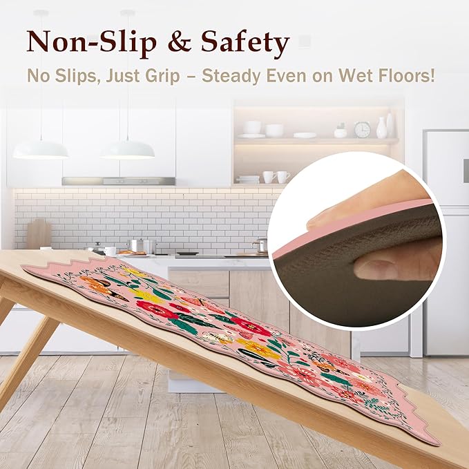 Scalloped Pink Kitchen Mats for Floor 2PC Cushioned Anti Fatigue Kitchen Mats Rugs Waterproof Non Slip Farmhouse Boho Floral Comfort Foam Standing Mat for Sink Laundry