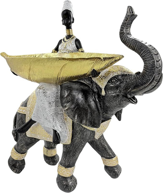 African Woman Riding Elephant Statue with Decorative Bowl – Resin Figurine, Tribal Cultural Sculpture, African Home Decor Gift