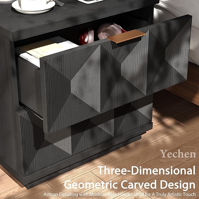 Yechen 23.6" Black Nightstand with 20W Faster Charging Station, Modern Bedside Table with 3D Geometric Drawers Front Panel, Wood 2 Drawer Night Stand with Storage, Accent End Table for Bedroom