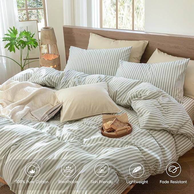 MooMee Striped Duvet Cover Set 100% Washed Cotton Linen Like Textured Breathable Durable Soft Comfy (Sage Green White Classic Stripes, King 104"x90")