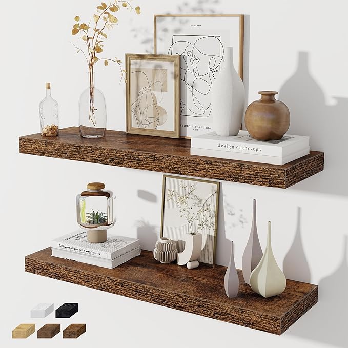 Floating Shelves for Wall, 32W x 8D Floating Wall Shelves with Invisible Brackets Set of 2, Hanging Rustic Wood Shelf Decoration for Bedroom, Bathroom, Living Room and Kitchen, Rustic Brown