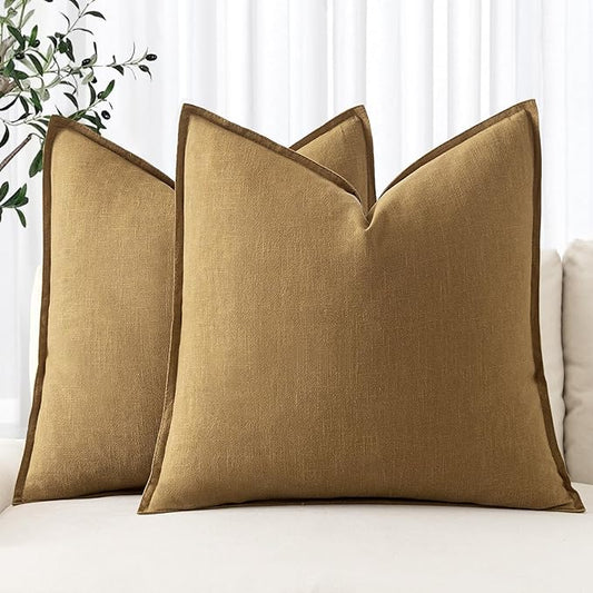 MIULEE Decorative Linen Pillow Covers 16x16 Inch Mustard Yellow Boho Farmhouse Neutral Couch Throw Pillows for Bed Pack of 2 Accent Modern Pillowcase Summer Sofa Livingroom Home Decor