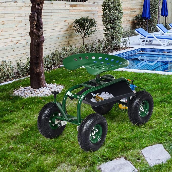 Goplus Garden Seat with Wheels, Rolling Garden Cart with 360 Degree Swivel Seat for Planting, Gardening Stool w/Tool Tray, Basket, Gardening Chair Workseat, Patio Wagon Scooter for Seniors