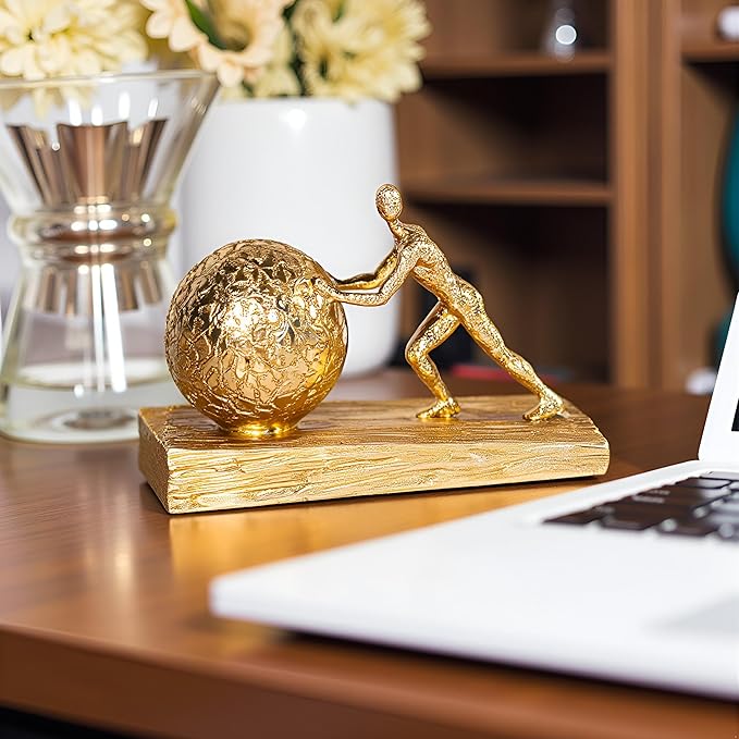 Man with Sphere Iron Statue Metal Sculpture Sportsman Art Metal Ornament Figurine Home and Office Decor （Golden）