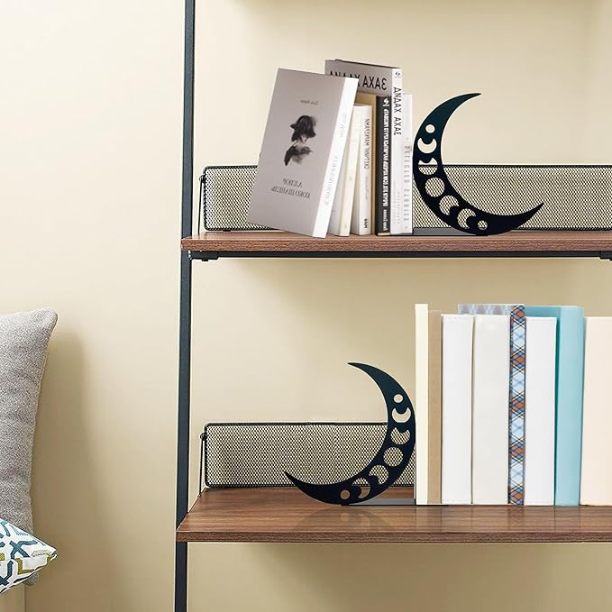 Moon Metal Bookends Moon Phase Decor Moon Book Ends for Shelves Bookshelf Decorative Objects Home Office Desk Bookshelf Decor Nice Gifts for Moon Phase Lovers, Black