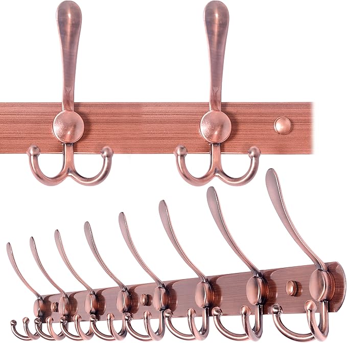 WEBI Coat Rack Wall Mounted,8 Tri Hooks for Hanging,Coat Hook,Hook Rack,Hook Rail,Coat Hanger Wall Mount Metal Wall Coat Rack for Coats,Hats,Jacket,Antique Copper