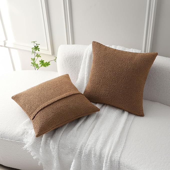 FUTEI Pack of 2 Tobacco Decorative Throw Pillow Covers 26x26 Inch Soft Cozy Solid Boucle Textured Euro Pillow Shams,Modern Home Decor for Couch Bed Living Room