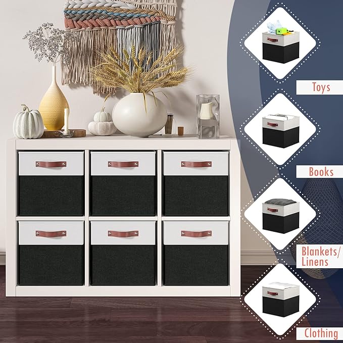 Ornavo Home 11 x 11 Storage Cube Bins, Foldable Collapsible Fabric Storage Bins Box Linen Shelf Basket Cube Organizer for Closet with Leather Handles, 6 Pack, White/Black