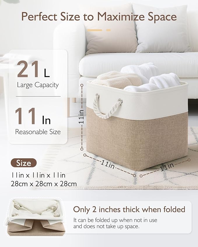 11 Inch Storage Cubes 6-Pack, Foldable Fabric Organizer Bins with Rope Handles, Cube Storage Baskets for Closet Shelves and Home Organization(White/Khaki)
