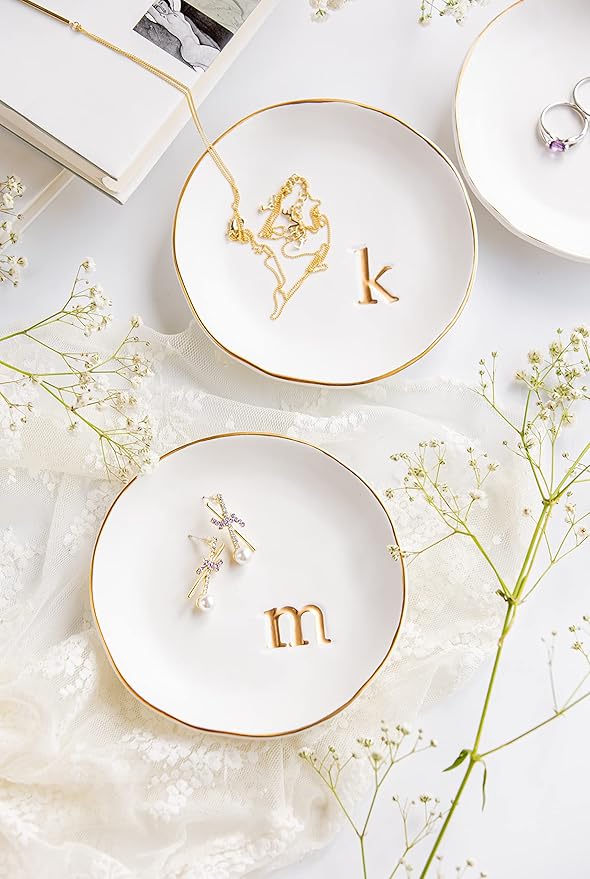 COLLECTIVE HOME - Ceramic Jewelry Tray, Decorative Trinket Dish for Rings Earrings Necklaces Bracelet Watch Keys, Birthday Mother's Day Christmas Gift for Women, 4.75", White Surface (D)