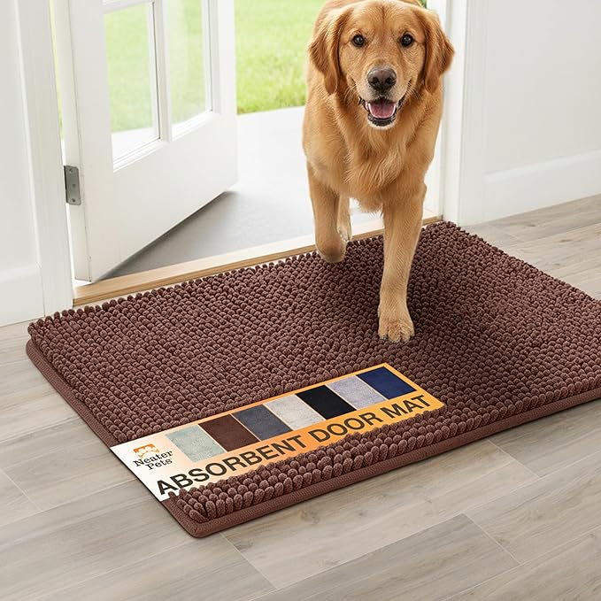Neater Pets Chenille Dog Door Mat 36” x 24” – Super Absorbent & Quick-Dry Muddy Paws Doormat for Trapping Dirt, Water, Mud - Non-Slip & Machine Washable Pet Rugs for Entryway, Indoor Mud Mats, Brown