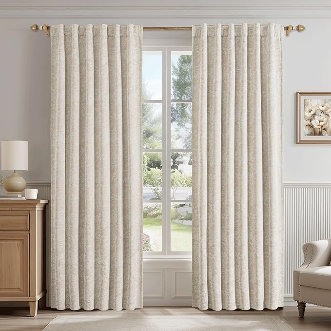 Beauoop Beige Floral Jacquard Blackout Curtains 108 Inches Long 2 Panels for Bedroom Living Room Chenille Flower Room Darkening Thermal Insulated Soundproof Rod Pocket Back Tab Window Drapes 52x108