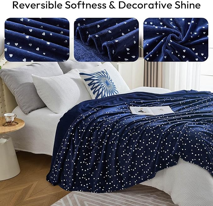 NANPIPER Fleece Blanket Heart Foil Print, Soft Lightweight Microfibe, All Season Premium Fluffy Throw for Sofa/Couch, Twin Size 65"x80" Navy Blue