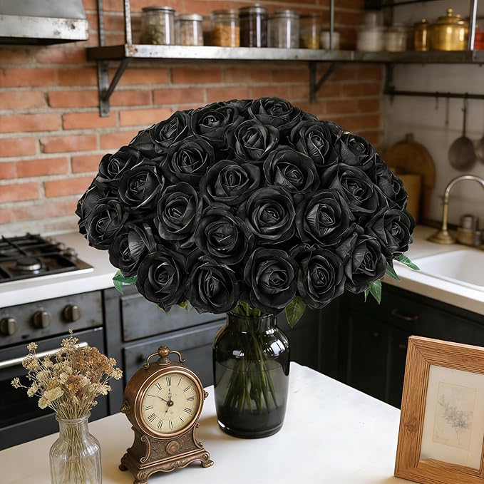 50 PCS Black Roses Artificial Flowers, Fake Roses with Stem Realistic Silk Roses for DIY Wedding Bouquets Table Centerpieces Arrangements Baby Shower Birthday Home Decor Valentine's Day Gift for Her
