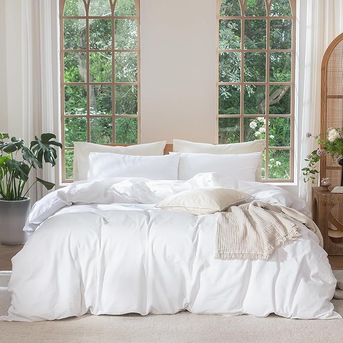 MooMee Bedding Duvet Cover Set 100% Washed Cotton Linen Like Textured Breathable Durable Soft Comfy (Solid Bright White, Super Queen 90"x98")