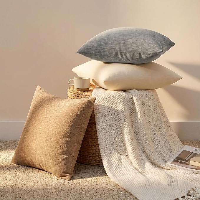 Set of 4 Neutral Throw Pillow Covers 16x16 Inch, Neutral Boho Farmhouse Aesthetic Decorative Pillow Cases for Couch, Sofa, Living Room & Bed, Soft Chenille Pillow Cases, Stylish Home Decor, 40x40 cm