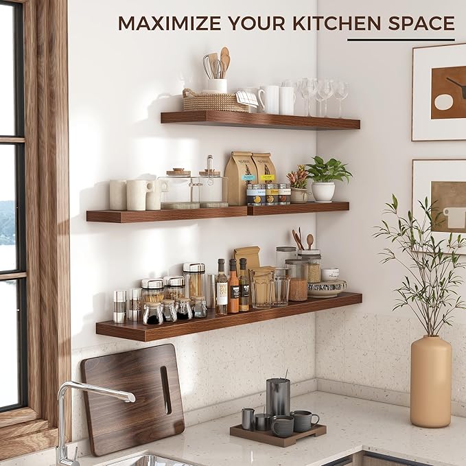 Floating Shelves for Wall 48"W x 9"D x 1.5"H, Long Engineered Wood Wall Shelves with Invisible Brackets for Living Room Bedroom Bathroom Office Kitchen Decor and Storage, Walnut Finish, Set of 2