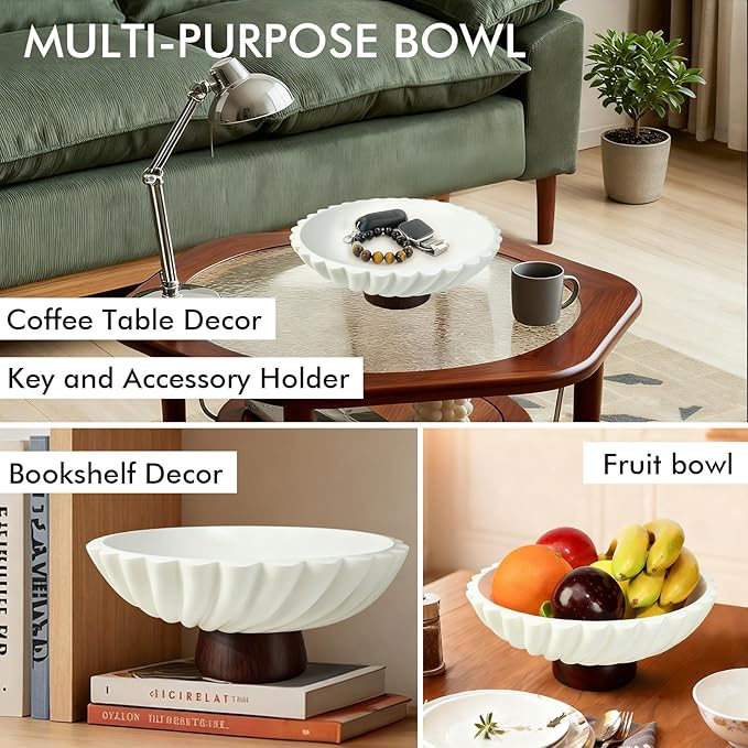11-Inch White Concrete Decorative Fruit Bowl with Wooden Base – Modern Decorative Bowl and Key Bowl for Dining Table, Coffee Table, Kitchen & Home Décor