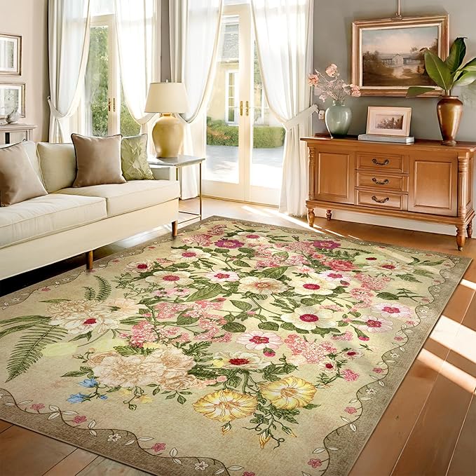 AREAMAY Floral Washable 5x7 Area Rugs - Living Room Rug Non Slip Low Pile Stain Resistant Carpets Indoor Vintage Flower Print Rug for Bedroom Dining Room Kitchen Home Office, Brown
