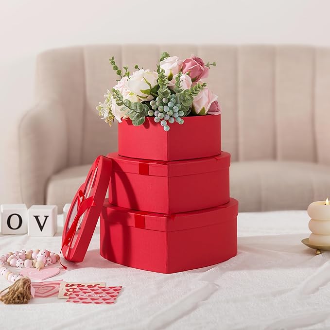 Soul & Lane Red Heart Shaped Gift Boxes with Clear Lids and Decorative Bows: Set of 3 Cardboard Heart Boxes for Flowers, Chocolates, Large Box for Flower Arrangements and Valentine’s Day Presents