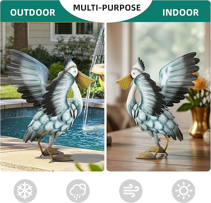 18.5" Metal Pelican Yard Decor - Handmade Large Coastal Ocean Bird Sculptures with Stable Ground Stakes, Backyard Decoration, Metal Garden Art