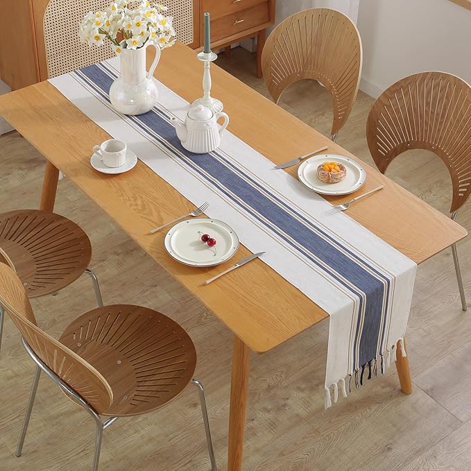 Niviy Blue Table Runner 72 Inches Long with Tassels, Summer Blue Decor Washable Embroidered Striped Braided Boho Table Runners for Wedding Bridal Baby Shower Decoration 12 x 72 Inches