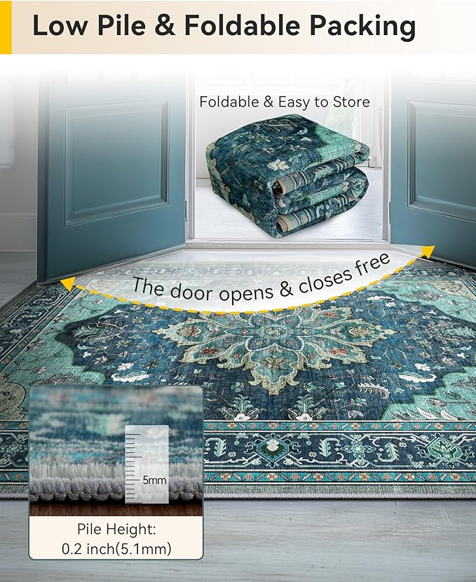 RELEANY Area Rugs 2'6''x10' Washable Non-Slip, Floral Vintage Distress Print Pattern Medallion Carpet for Living Room Bedroom Dining Room, Teal Green Lake Blue Turquoise