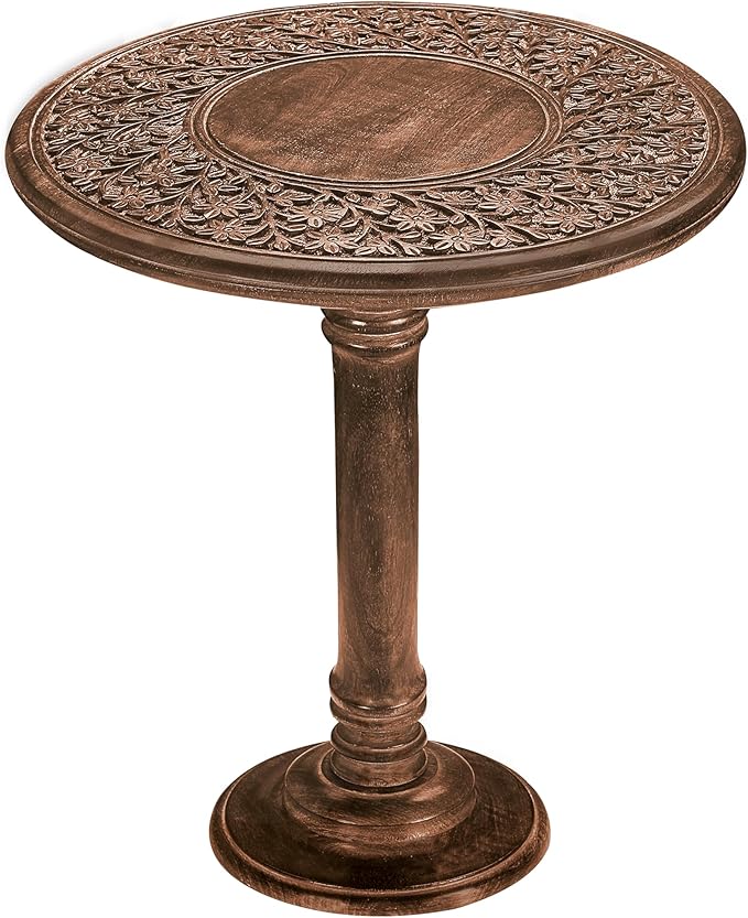 Wooden End Table for Living Room - 18x22 Burnt Finish Carved Side Table, Single Pillar Nightstand, Bedside Table for Books, Plants, Magazines, Small Space Accent Table