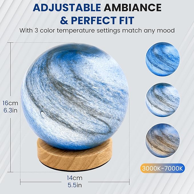 New Luxury Planet Night Light Glass Bedside with Wooden Base 3 Modes - Dimmable Swirl Planet Table Lamp for Bedroom Nightstand, Desk Lamp for Living Room, Office, Kids (Light Blue)