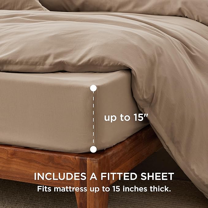 Bedsure Duvet Cover Full Size with Fitted Sheet - 4 Pieces Prewashed Cotton-Like Extra Soft Bedding Set, Includes 1 Duvet Cover 80x90 Inches, 2 Pillow Shams, 1 Fitted Sheet, Deep Beige