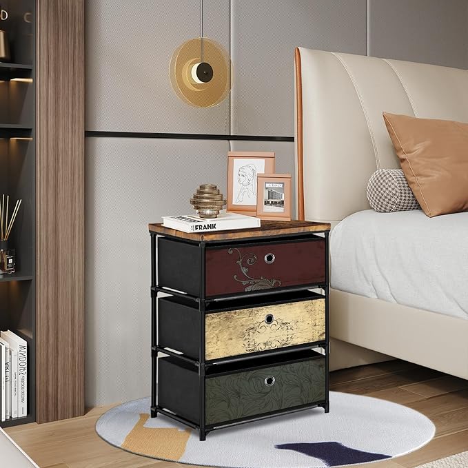 Nightstand with 3 Drawers, Clothes Storage Organizer, Small Fabric Dresser for Bedroom, Closet, Entryway, Hallway, Nursery, Dorm