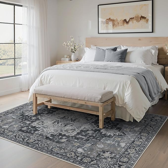 BESBLEE 5x7 Area Rugs for Living Room, Machine Washable Rug, Non Slip Vintage Rugs, Low Pile Lightweight Print Rug for Bedroom, Dining Room, Home Office, Dark Gray