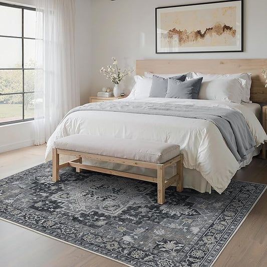BESBLEE 5x7 Area Rugs for Living Room, Machine Washable Rug, Non Slip Vintage Rugs, Low Pile Lightweight Print Rug for Bedroom, Dining Room, Home Office, Dark Gray
