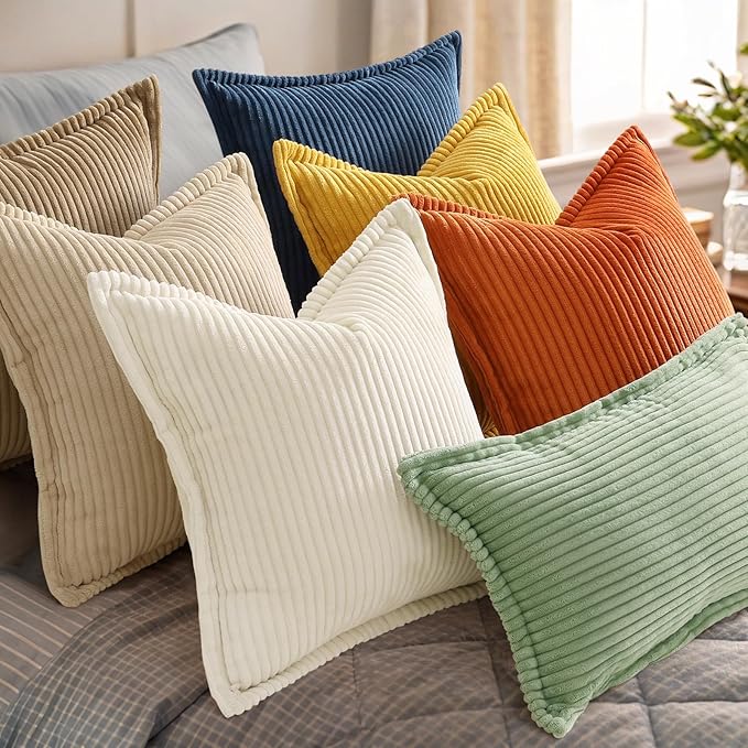 decorUhome Spring Corduroy Sage Green Euro Sham Throw Pillow Covers 24x24 Set of 2 Decorative Soft Boho Farmhouse Couch Pillow Covers for Living Room Bed Sofa Broadside Striped Pillow Cases
