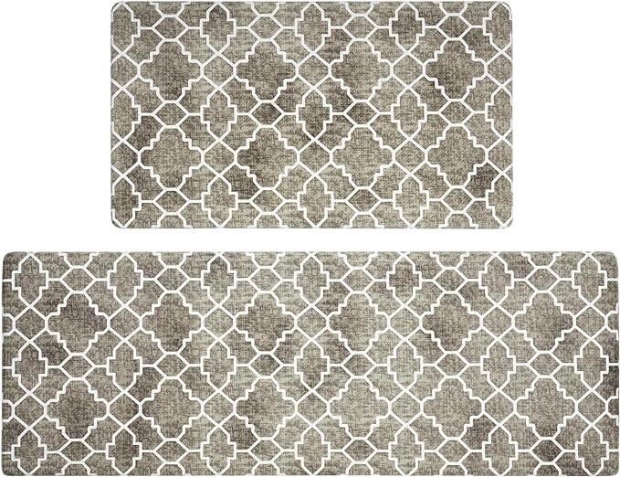 FRESHMINT Kitchen Mat Set of 2, Anti-Fatigue Cushioned Kitchen Mats for Floor, Waterproof Non Slip Comfort Standing Mat, Boho Kitchen Rug for Kitchen Decor, Sink, Office, 17"x30"+17"x47", Khaki Tan