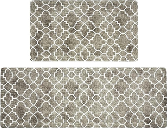 FRESHMINT Kitchen Mat Set of 2, Anti-Fatigue Cushioned Kitchen Mats for Floor, Waterproof Non Slip Comfort Standing Mat, Boho Kitchen Rug for Kitchen Decor, Sink, Office, 17"x30"+17"x47", Khaki Tan