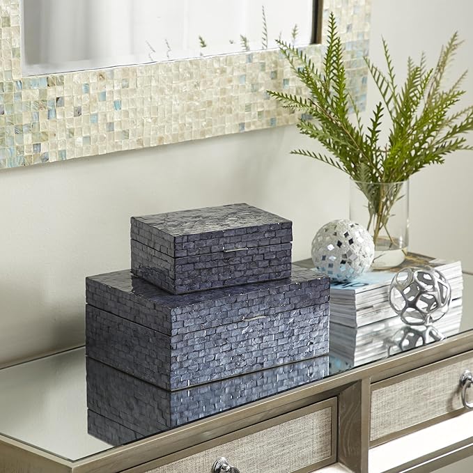Deco 79 Mother of Pearl Shell Handmade Decorative Box Mosaic Storage Decorative Keepsake Boxes, Set of 2 Storage Boxes 5", 4"H, Dark Blue