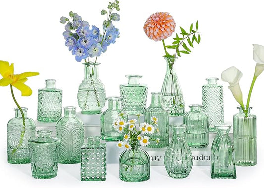 Glass Bud Vase Set, 16pcs Small Green Flower Vases for Table Centerpieces in Bulk, Mini Vintage Vase for Wedding, Home, Table Decoration