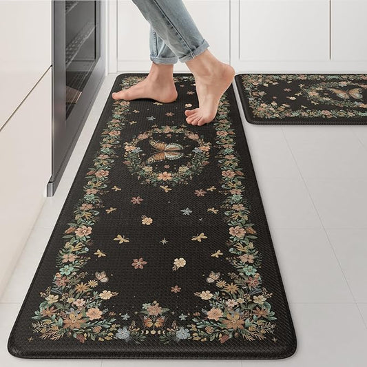 KIMODE Anti Fatigue Mats for Kitchen Floor 17"x47"+17"x29", Butterfly Floral Kitchen Rugs Sets of 2, Cushioned Kitchen Floor Mats, Non Slip Standing Mats for Sink Laundry Office Desk Black