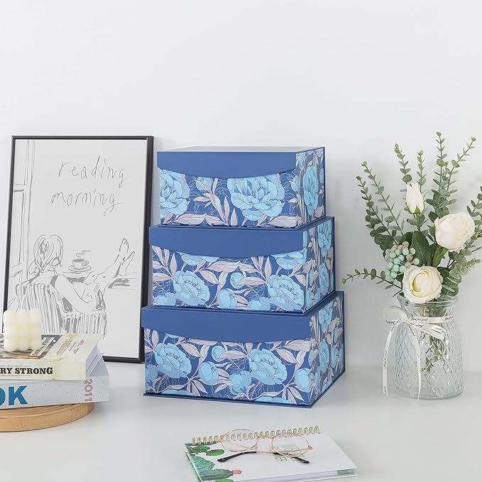 Soul & Lane Decorative Storage Boxes with Magnetic Closure, Set of 3 Memory Keepsake Boxes with Lids, Cardboard Storage for Gifts, Organizing, and Home Décor, Manor Blue