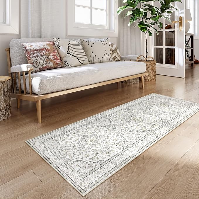 Lahome Oriental Bathroom Runner Rug,Washable 2x6 Beige Kitchen Runner Rug Non Skid Hallway Runner,Ultra-Thin Soft Rug Boho Indoor Floor Carpet Runner 6ft for Bedroom Entrway Laundry Room